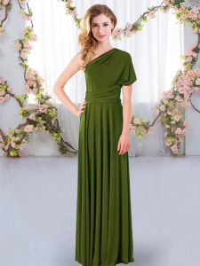Floor Length Criss Cross Dama Dress Olive Green for Wedding Party with Ruching