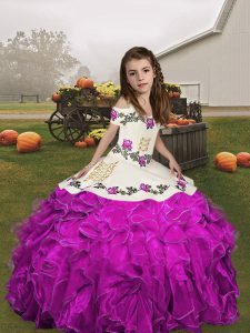 On Sale Fuchsia Ball Gowns Embroidery and Ruffles Winning Pageant Gowns Lace Up Organza Sleeveless Floor Length