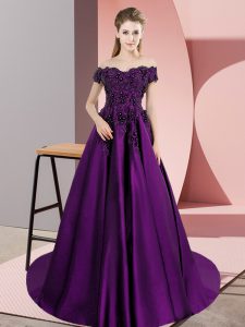 Beautiful Court Train A-line Quince Ball Gowns Eggplant Purple Off The Shoulder Satin Sleeveless Zipper