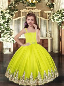 Custom Made Yellow Green Straps Neckline Embroidery Little Girl Pageant Dress Sleeveless Lace Up