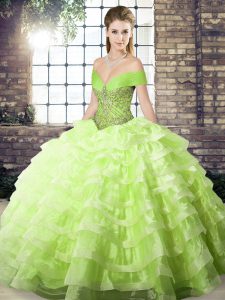 Pretty Yellow Green Sleeveless Organza Brush Train Lace Up 15th Birthday Dress for Military Ball and Sweet 16 and Quinceanera