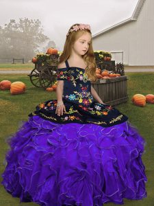 Fashionable Purple Lace Up Kids Pageant Dress Embroidery and Ruffles Sleeveless Floor Length
