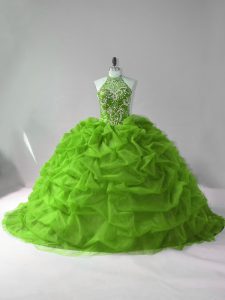 Decent Green Organza Lace Up Ball Gown Prom Dress Sleeveless Court Train Beading and Pick Ups