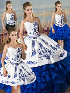 Excellent Blue And White Sleeveless Floor Length Embroidery and Ruffles Lace Up Sweet 16 Dress