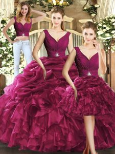 Sleeveless Floor Length Ruffles and Pick Ups Backless 15 Quinceanera Dress with Burgundy