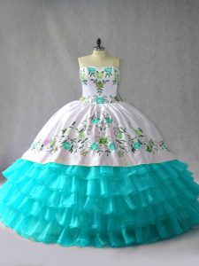 Affordable Blue And White Sleeveless Organza Lace Up Ball Gown Prom Dress for Sweet 16 and Quinceanera