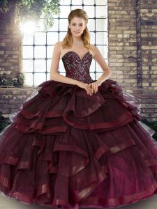 Burgundy Sleeveless Tulle Lace Up Quince Ball Gowns for Military Ball and Sweet 16 and Quinceanera