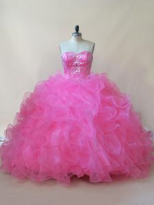 Colorful Sleeveless Floor Length Beading and Ruffles Lace Up Vestidos de Quinceanera with Rose Pink