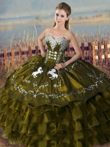 Olive Green Organza Lace Up 15th Birthday Dress Sleeveless Floor Length Embroidery and Ruffles