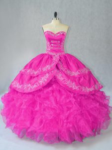 Fuchsia Sleeveless Floor Length Embroidery and Ruffles Lace Up 15th Birthday Dress
