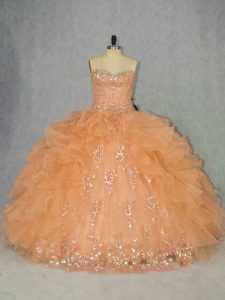 Hot Selling Orange Organza Lace Up Sweetheart Sleeveless Quinceanera Dresses Beading and Ruffles
