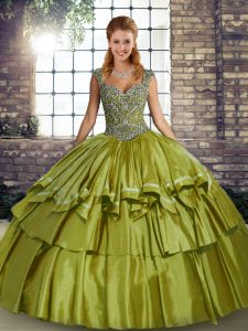 Vintage Olive Green Ball Gowns Straps Sleeveless Taffeta Floor Length Lace Up Beading and Ruffled Layers Ball Gown Prom Dress
