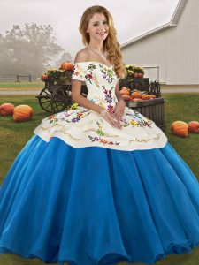 Top Selling Floor Length Lace Up 15 Quinceanera Dress Blue And White for Military Ball and Sweet 16 and Quinceanera with Embroidery