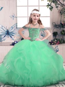 Dazzling Floor Length Apple Green Girls Pageant Dresses Tulle Sleeveless Beading and Ruffles