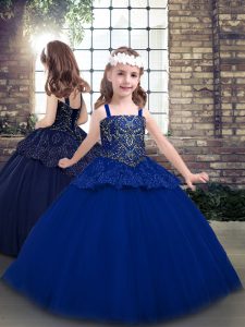 New Arrival Straps Sleeveless Little Girl Pageant Dress Floor Length Beading Blue Tulle