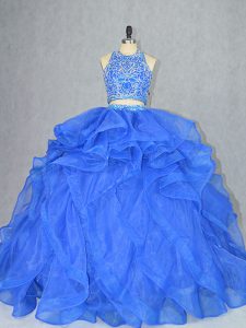 Blue Two Pieces Halter Top Sleeveless Organza Court Train Backless Beading and Ruffles Ball Gown Prom Dress