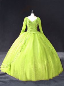 Yellow Green V-neck Neckline Lace and Appliques Quinceanera Gown Long Sleeves Lace Up
