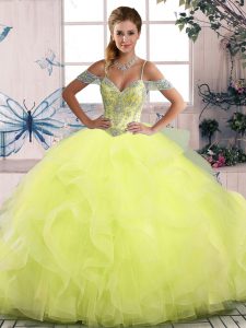Yellow Green Sleeveless Tulle Side Zipper Quince Ball Gowns for Sweet 16 and Quinceanera