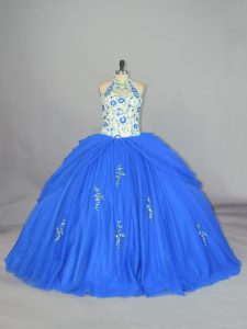 Blue Lace Up Strapless Appliques and Embroidery Sweet 16 Quinceanera Dress Tulle Sleeveless