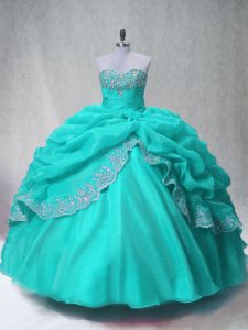 Best Organza Sweetheart Sleeveless Lace Up Beading and Appliques Vestidos de Quinceanera in Aqua Blue