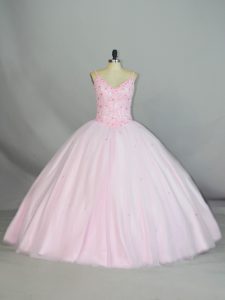 Delicate Baby Pink Quinceanera Gown Sweet 16 and Quinceanera with Beading and Lace Straps Sleeveless Lace Up
