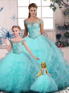 Enchanting Tulle Off The Shoulder Sleeveless Lace Up Embroidery and Ruffles Vestidos de Quinceanera in Aqua Blue