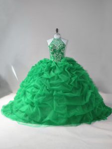 Fantastic Green Ball Gowns Tulle Halter Top Sleeveless Beading and Pick Ups Lace Up 15th Birthday Dress Court Train