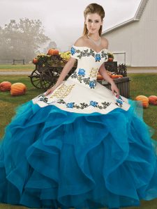 Beauteous Embroidery and Ruffles Ball Gown Prom Dress Blue And White Lace Up Sleeveless Floor Length