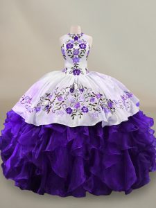 Embroidery and Ruffles Sweet 16 Quinceanera Dress White And Purple Lace Up Long Sleeves Floor Length