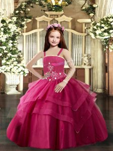 Customized Red Lace Up Straps Beading Pageant Gowns For Girls Tulle Sleeveless