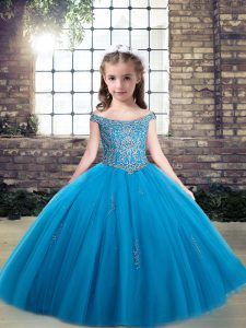 Baby Blue Pageant Gowns For Girls Party and Wedding Party with Beading Off The Shoulder Sleeveless Lace Up