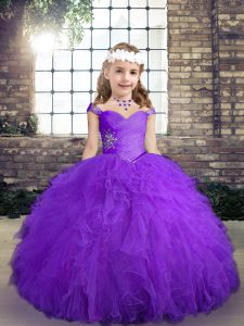 Fashionable Ball Gowns Pageant Dress Purple Straps Tulle Sleeveless Floor Length Lace Up