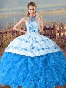 Designer Sleeveless Organza Court Train Lace Up Quinceanera Dress in Baby Blue with Embroidery and Ruffles
