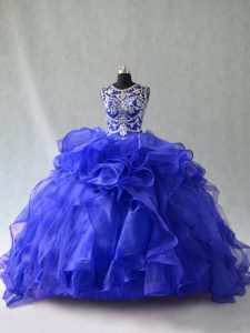 Sexy Royal Blue Organza Lace Up Scoop Sleeveless Floor Length Sweet 16 Dresses Beading