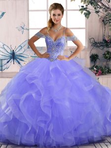 Asymmetrical Lavender Quinceanera Gown Tulle Sleeveless Beading and Ruffles