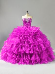 Attractive Purple Organza Lace Up 15 Quinceanera Dress Sleeveless Floor Length Beading and Ruffles and Sequins