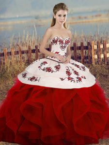 Custom Designed White And Red Ball Gowns Embroidery and Ruffles and Bowknot Ball Gown Prom Dress Lace Up Tulle Sleeveless Floor Length