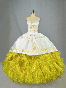 Flare Yellow Sleeveless Beading and Embroidery and Ruffles Lace Up Vestidos de Quinceanera