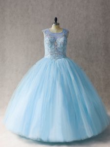 Nice Scoop Sleeveless Tulle Ball Gown Prom Dress Beading Lace Up