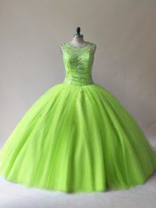 Glamorous Tulle Lace Up Scoop Sleeveless Floor Length Quince Ball Gowns Beading