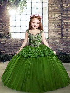Green Tulle Lace Up Kids Formal Wear Sleeveless Floor Length Beading
