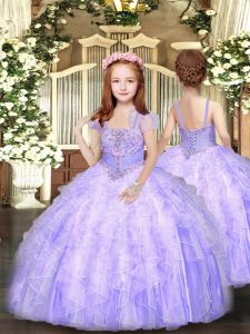 Adorable Lavender Lace Up Little Girls Pageant Gowns Beading and Ruffles Sleeveless Floor Length