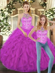 New Arrival Fuchsia Tulle Lace Up Halter Top Sleeveless Floor Length 15th Birthday Dress Beading and Ruffles