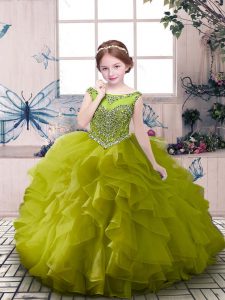 Adorable Olive Green Zipper Little Girl Pageant Gowns Beading and Ruffles Sleeveless Floor Length