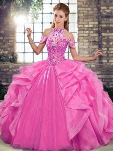 Rose Pink Ball Gowns Organza Halter Top Sleeveless Beading and Ruffles Floor Length Lace Up Sweet 16 Quinceanera Dress