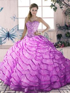 Fine Organza Sleeveless Quinceanera Gowns Brush Train and Beading and Ruffles