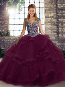 Dark Purple Lace Up Straps Beading and Ruffles Quinceanera Gown Tulle Sleeveless