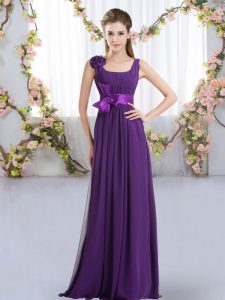 Purple Empire Chiffon Straps Sleeveless Belt and Hand Made Flower Floor Length Zipper Court Dresses for Sweet 16