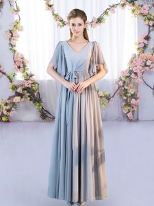 High Quality Floor Length Lace Up Court Dresses for Sweet 16 Grey for Wedding Party with Belt