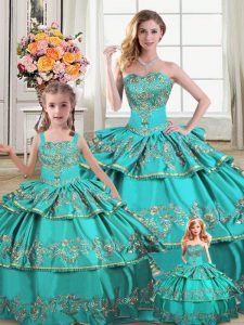 Custom Design Embroidery and Ruffled Layers Quinceanera Dress Aqua Blue Lace Up Sleeveless Floor Length
